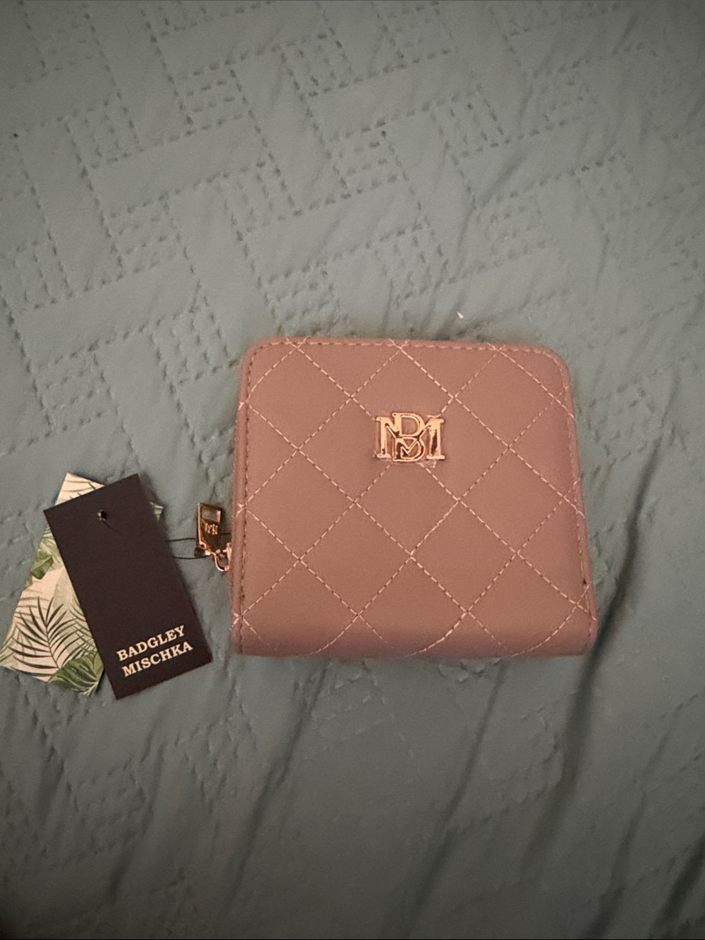 Badgley Mischka Taupe Quilted Compact Wallet with Gold Logo